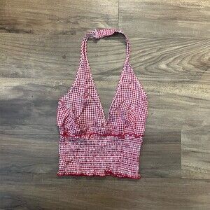 Heart & Hips Crop Tank Top Womens Small Red Gingham Halter Smocked Ruffle